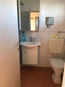 Badezimmer mit Dusche, Waschmaschinenanschluss, Toilette und Waschbecken